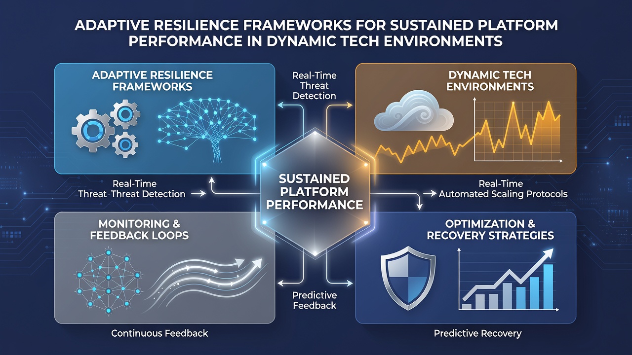 Visual representation of platform performance metrics tracked over time within a dynamic technology environment using resilience monitoring dashboards